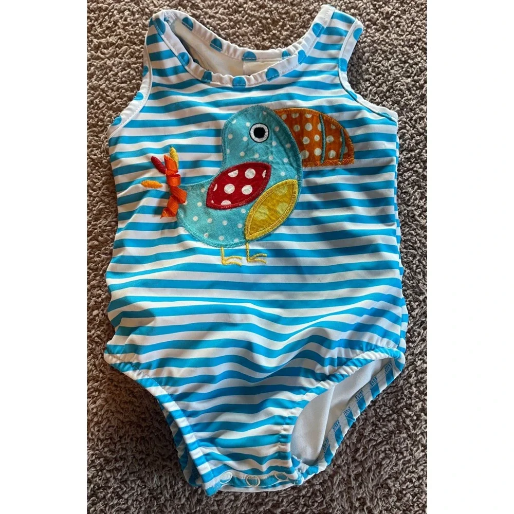 The Bailey Boys Baby Toucan Striped One Piece Swimsuit Blue White Snap Bottom